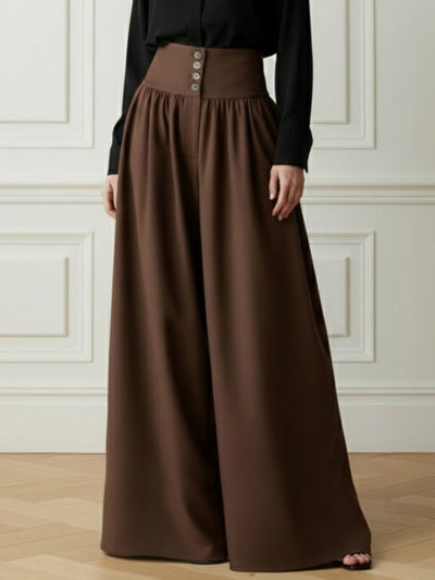 Elasticated Waist High Waisted Buttoned Pleated Pockets Solid Color Split-Joint Pants