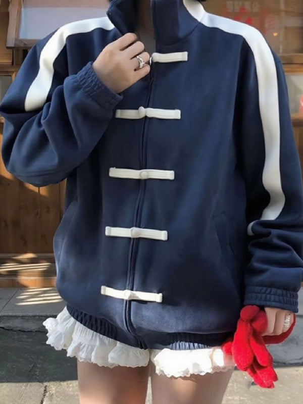 Long Sleeves Contrast Color Frog Closures Zipper Stand Collar Jackets Outerwear