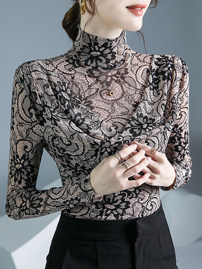 Long Sleeves Flower Print Pleated Mock Neck T-Shirts Tops