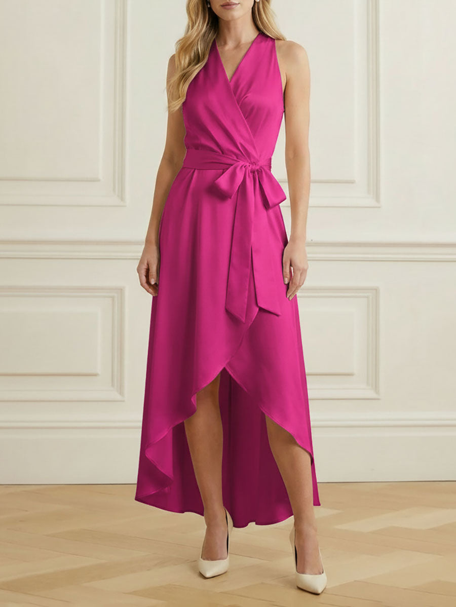 High-Low Loose Ruffle Trim Solid Color Tied Waist V-Neck Maxi Dresses