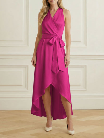 High-Low Loose Ruffle Trim Solid Color Tied Waist V-Neck Maxi Dresses