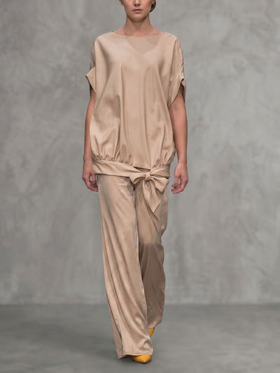 Loose Short Sleeves Pleated Solid Color Split-Joint Tied Round-Neck Blouses&Shirts Tops