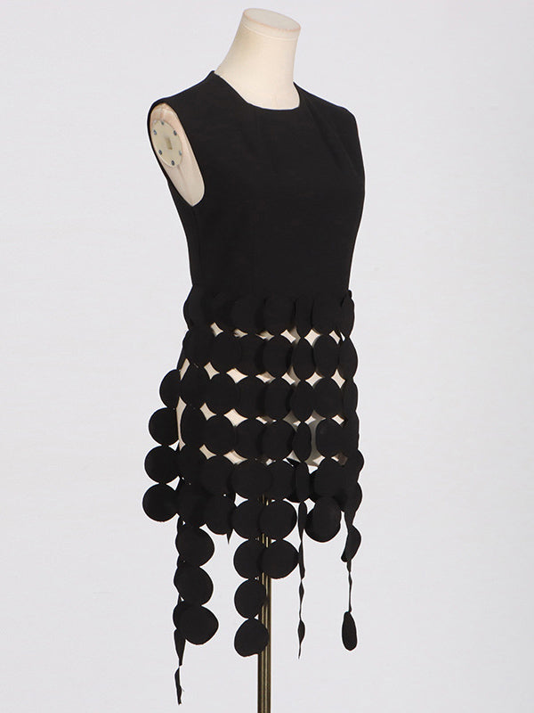 Sleeveless Polka-Dot Solid Color Split-Joint Tasseled Round-Neck Vest Top