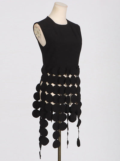 Sleeveless Polka-Dot Solid Color Split-Joint Tasseled Round-Neck Vest Top