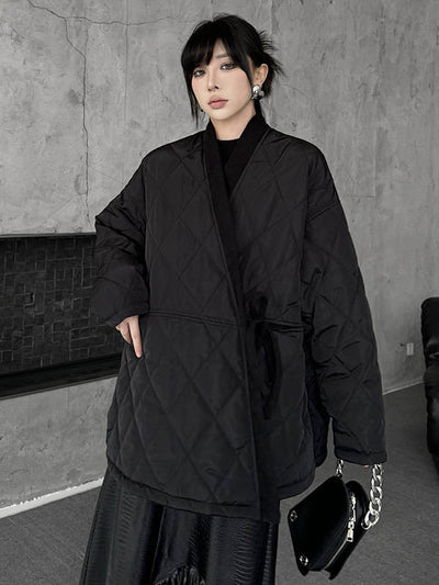 Long Sleeves Loose Plaid Quilted Solid Color Split-Joint Tied Collarless Outerwear Padded Coat