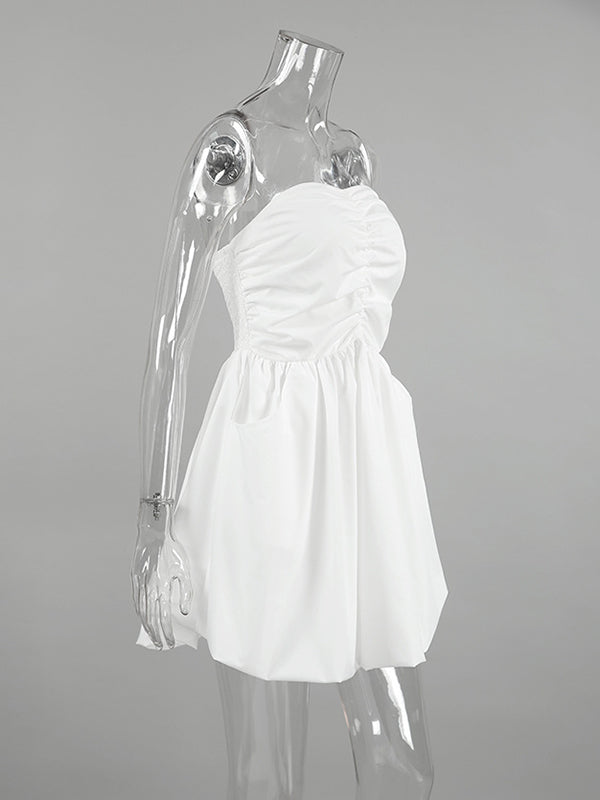 A-Line High Waisted Elasticity Pleated Pockets Solid Color Tube Mini Dresses