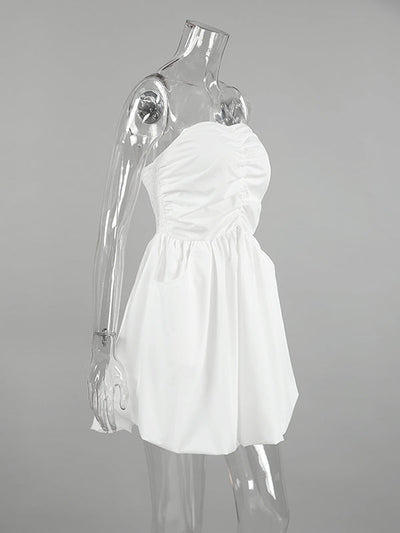 A-Line High Waisted Elasticity Pleated Pockets Solid Color Tube Mini Dresses