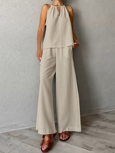 Loose Hollow Split-Joint Halter-Neck Vest + Elasticity High Waisted Pants Trousers Two Pieces Set
