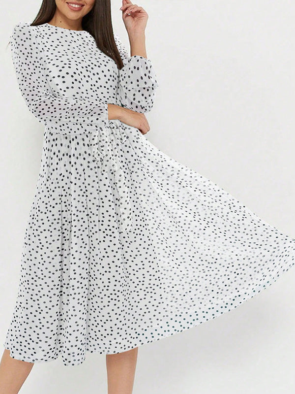 A-Line High Waisted Polka-Dot Tied Waist Round-Neck Midi Dresses