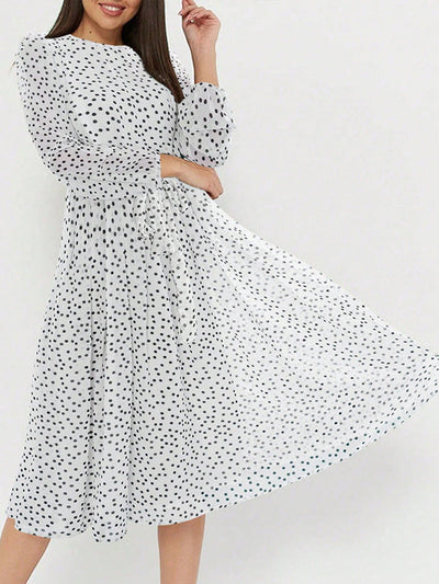 A-Line High Waisted Polka-Dot Tied Waist Round-Neck Midi Dresses