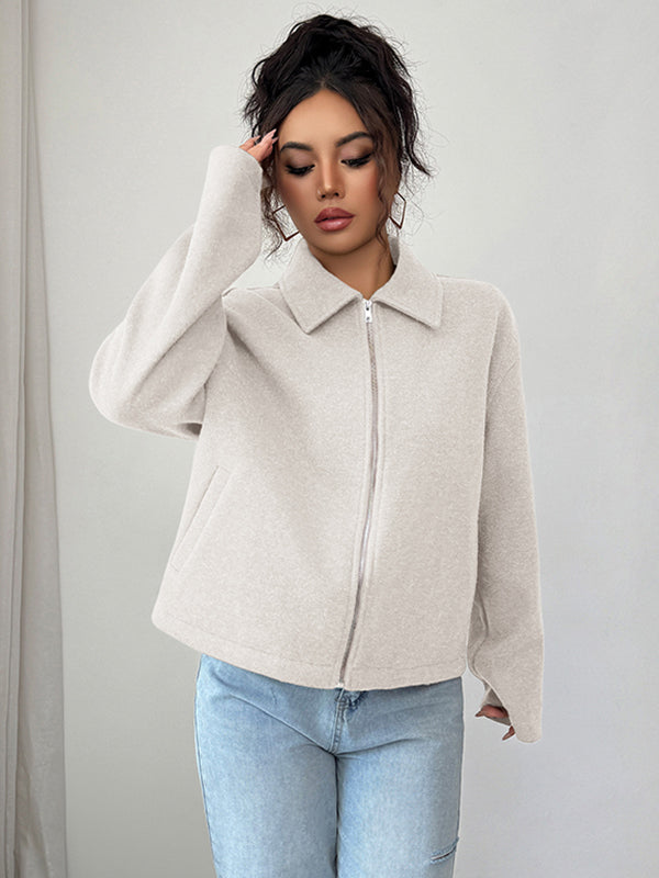 Long Sleeves Loose Solid Color Zipper Lapel Outerwear