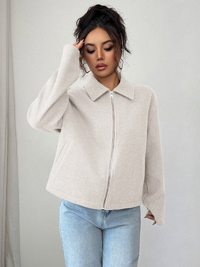 Long Sleeves Loose Solid Color Zipper Lapel Outerwear