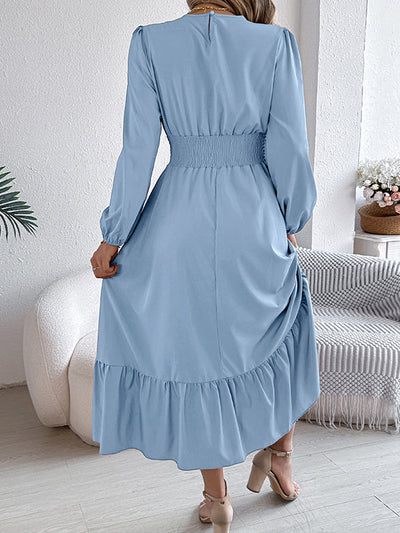 A-Line Elasticated Waist Pleated Solid Color Round-Neck Maxi Dresses