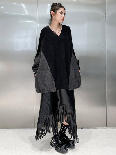 A-Line Irregularity Asymmetric Buttoned Crocodile Texture Solid Color Tasseled Skirts Bottoms