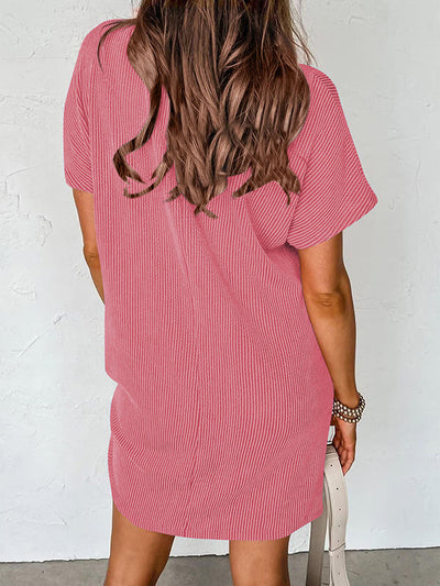 A-Line Loose Contrast Color Pockets Split-Joint Striped Round-Neck Mini Dresses