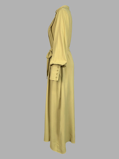 A-Line Long Sleeves Buttoned Pleated Pockets Solid Color Tied Waist V-Neck Maxi Dresses