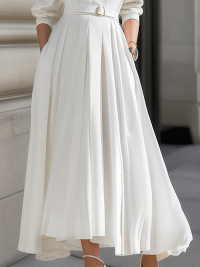 Long Sleeves Loose Belted Pockets Solid Color Stand Collar Maxi Dresses