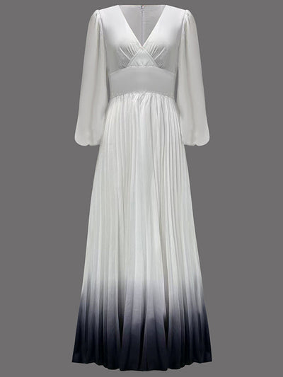 A-Line High Waisted Gradient Pleated V-Neck Maxi Dresses