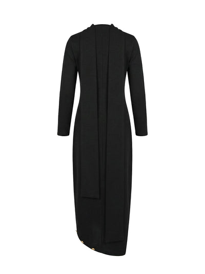 Long Sleeves Loose Asymmetric Buttoned Split-Joint Split-Side Mock Neck Maxi Dresses