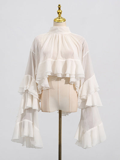 False Two Flared Sleeves Pleated Ruffle Trim See-Through Solid Color Tied Mock Neck Blouses&Shirts Tops