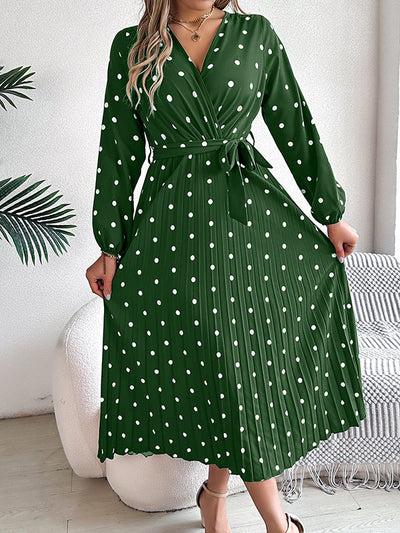 A-Line High Waisted Elasticity Pleated Polka-Dot Split-Joint Tied Waist V-Neck Midi Dresses Shirt Dress
