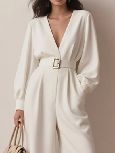 Long Sleeves Puff Sleeves Belted Hollow Solid Color Deep V-Neck Jumpsuits
