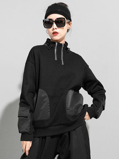 Casual Long Sleeves Loose Solid Color Zipper High-Neck Sweatshirt Tops