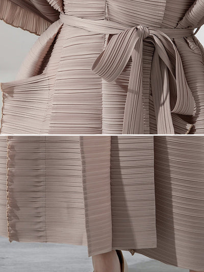 Casual Long Sleeves Loose Tied Pleated Stand Collar Midi Dresses