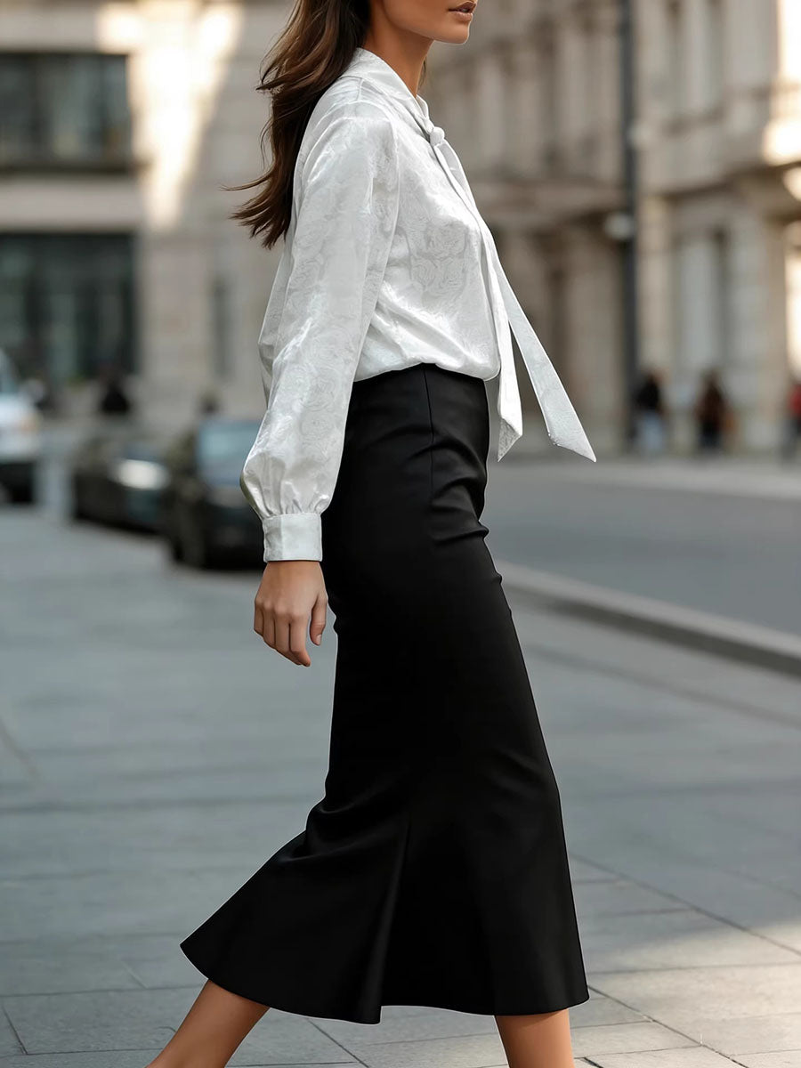Long Sleeves Buttoned Flower Print Pleated Tied Lapel Collar Blouses&Shirts Tops