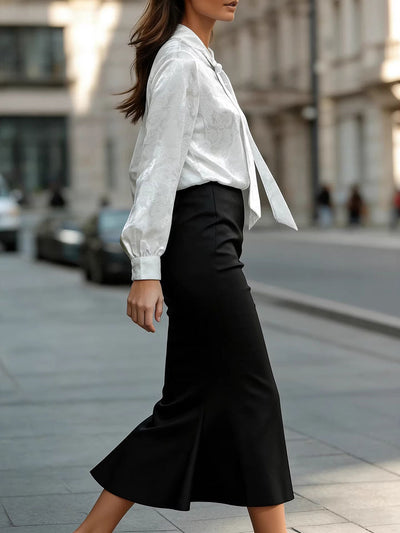Long Sleeves Buttoned Flower Print Pleated Tied Lapel Collar Blouses&Shirts Tops