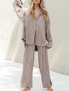 Flared Sleeves Long Sleeves Buttoned Drawstring Pleated Solid Color Split-Side Lapel Shirts Top + Pants Bottom Pajama Sets