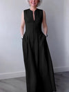 A-Line Loose Pleated Pockets Split-Joint Zipper Round-Neck Maxi Dresses