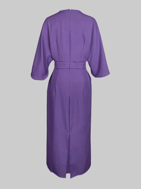 Loose Puff Sleeves Pleated Solid Color Split-Joint Round-Neck Midi Dresses
