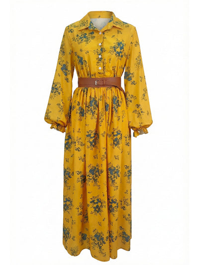 A-Line Elasticated Waist Belted Buttoned Contrast Color Flower Print Pleated Split-Joint Lapel Maxi Dresses Shirt Dress
