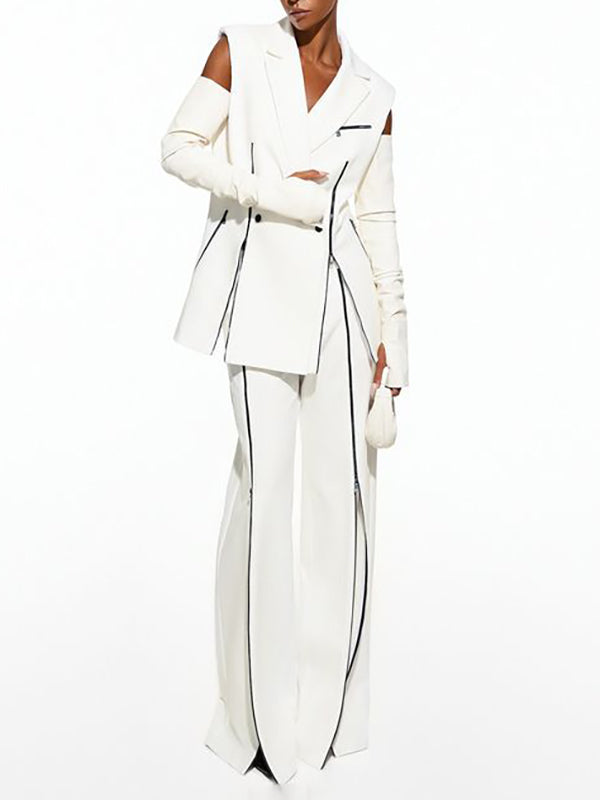 Loose Sleeveless Buttoned Contrast Color Shoulder Pad Zipper Notched Collar Vest Outerwear