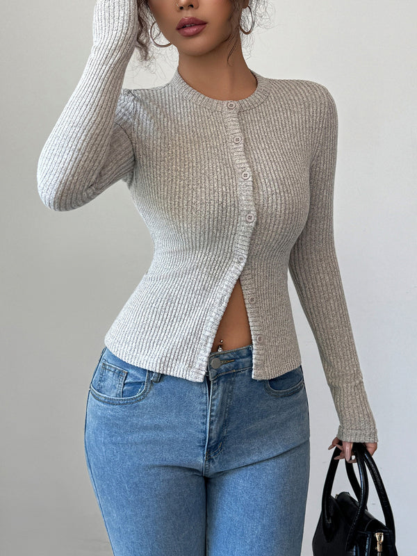 Long Sleeves Skinny Buttoned Solid Color Round-Neck Cardigan Tops