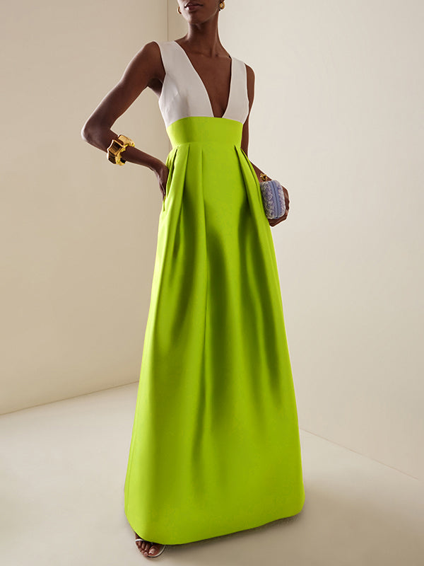 A-Line High Waisted Contrast Color Pleated Zipper Deep V-Neck Maxi Dresses