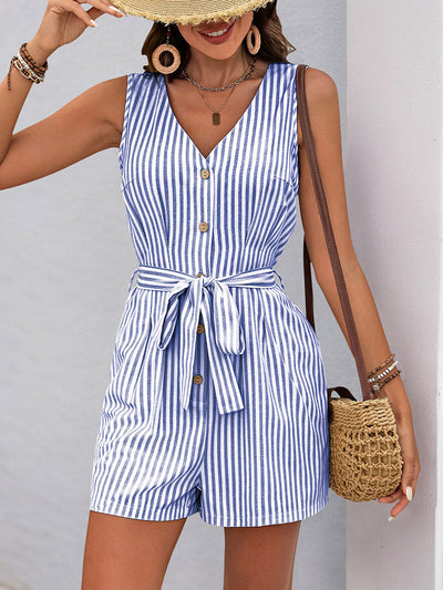 Elasticated Waist High Waisted Buttoned Pockets Striped Tied Waist V-Neck Rompers