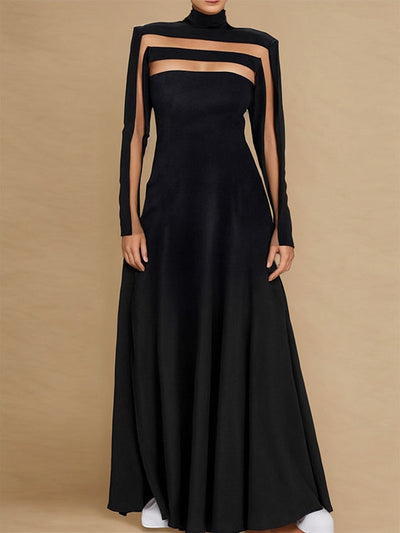 A-Line Long Sleeves Split-Joint High Neck Maxi Dresses
