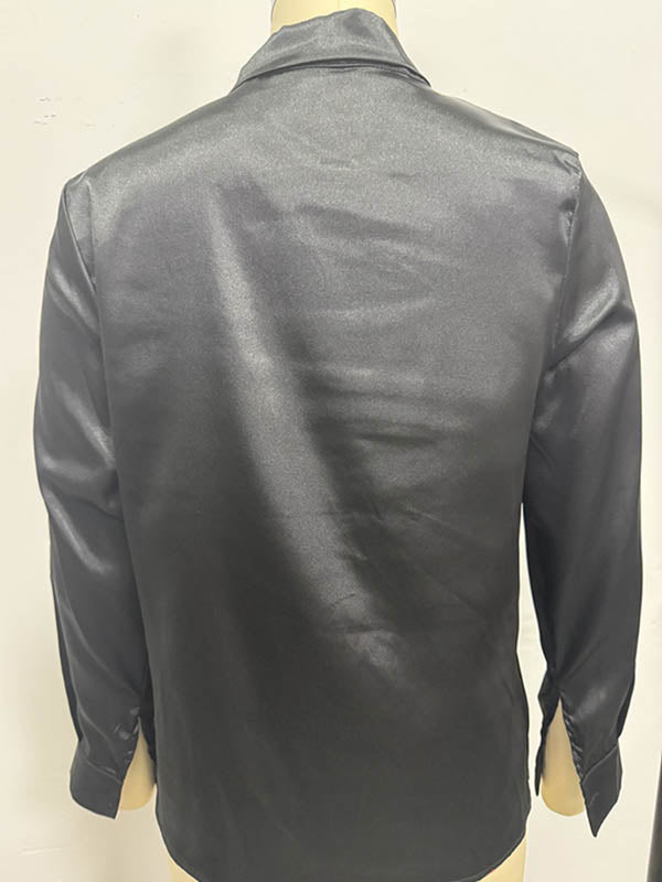 Long Sleeves Loose Solid Color Split-Joint Streamer Scarf Collar Blouses&Shirts Tops