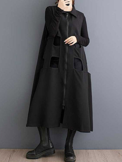 Loose Sleeveless Hollow Solid Color Zipper Lapel Midi Dresses