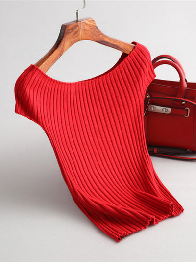 Short Sleeves Skinny Solid Color Boat Neck Knitwear Pullovers Sweater