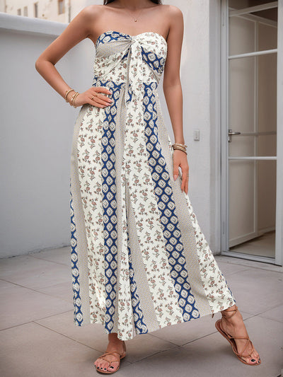 High Waisted Sleeveless Backless Contrast Color Pleated Printed Split-Joint Tied Twist Tube Jumpsuits