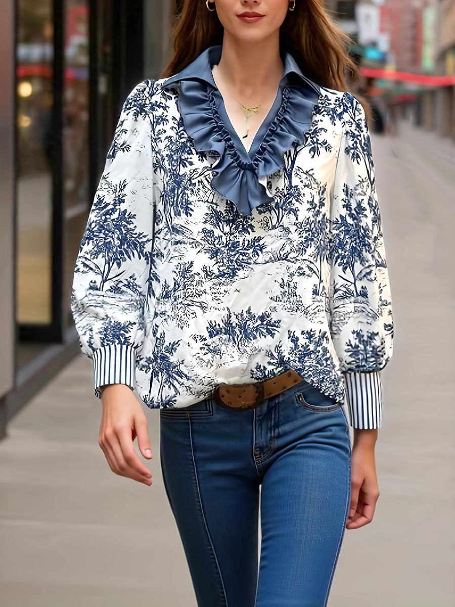Long Sleeves Contrast Color Flower Print Ruffled Split-Joint Striped V-Neck Blouses&Shirts Tops
