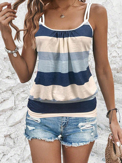 Loose Sleeveless Contrast Color Pleated Spaghetti-Neck Vest Top