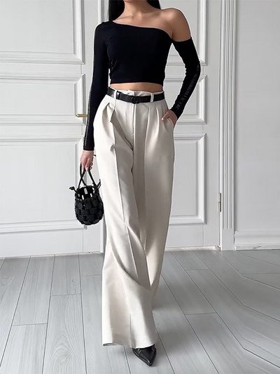 High Waisted Loose Pleated Solid Color Split-Joint Suit Pants Trousers