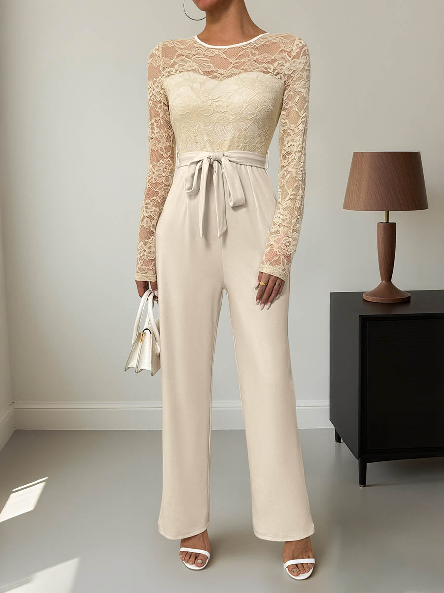 Column High Waisted See-Through Solid Color Split-Joint Tied Waist Round-Neck Jumpsuits