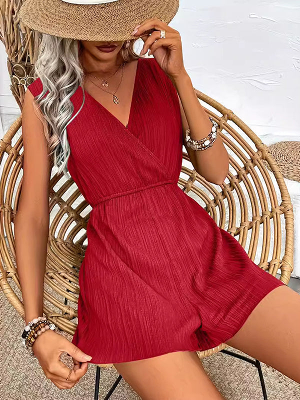 Loose Sleeveless Elasticity Pleated Solid Color Split-Joint V-Neck Rompers
