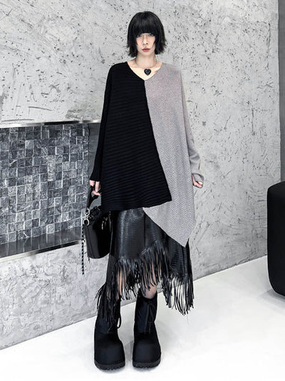 Batwing Sleeves Irregularity Asymmetric Contrast Color Split-Joint Textured V-Neck Sweater Tops