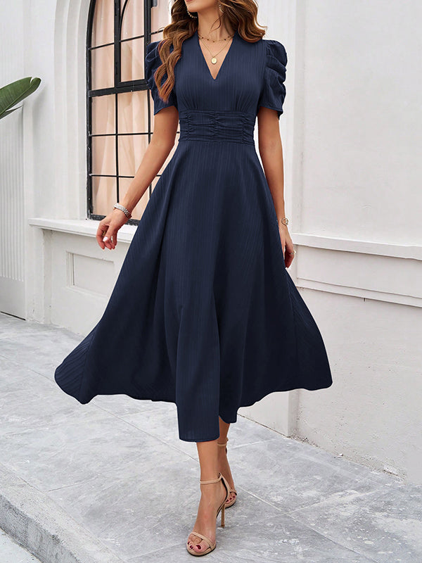 A-Line High Waisted Pleated Solid Color Zipper V-Neck Maxi Dresses